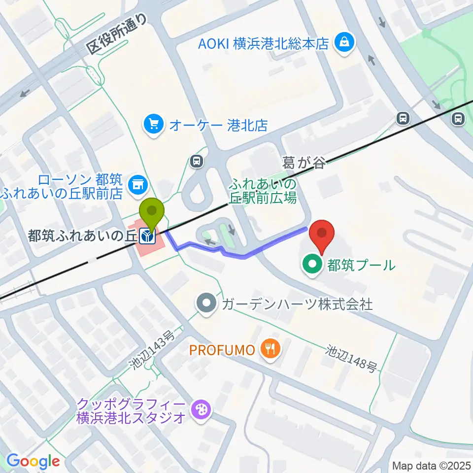 横浜市都筑プールの最寄駅都筑ふれあいの丘駅からの徒歩ルート（約3分）地図
