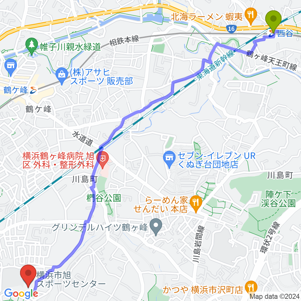 西谷駅から横浜市旭スポーツセンターへのルートマップ地図