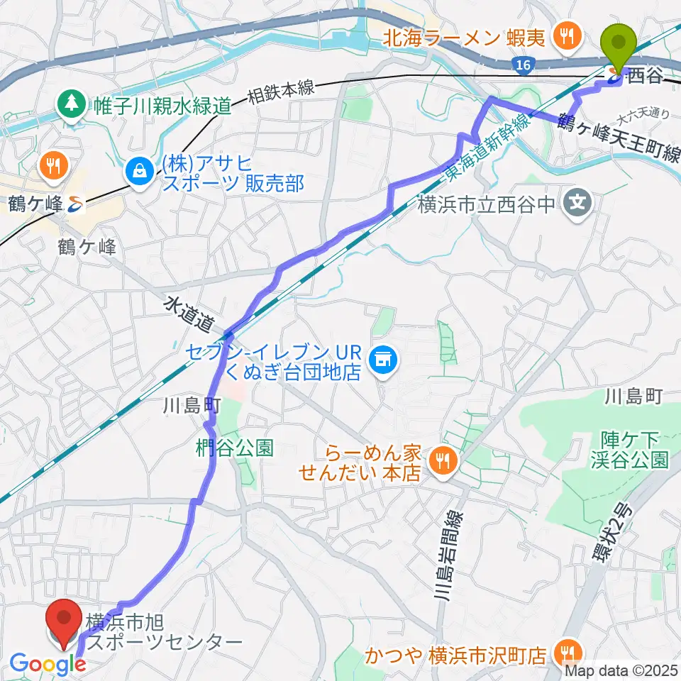 西谷駅から横浜市旭スポーツセンターへのルートマップ地図