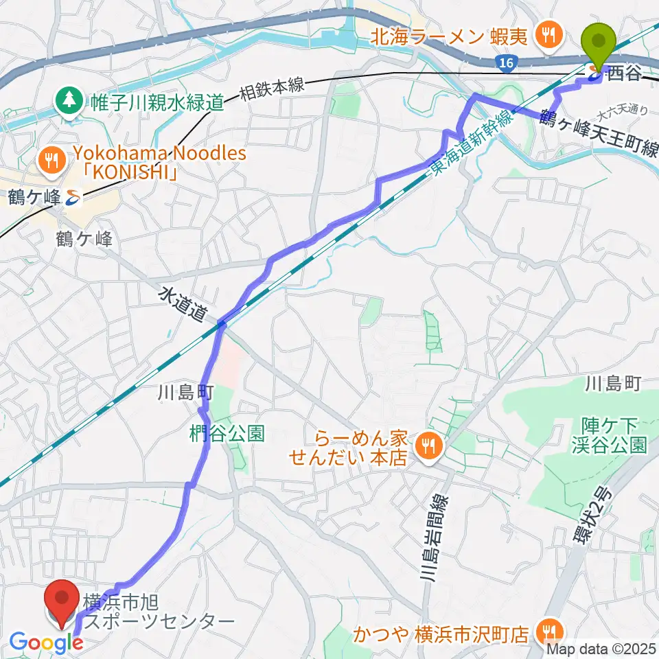 西谷駅から横浜市旭スポーツセンターへのルートマップ地図