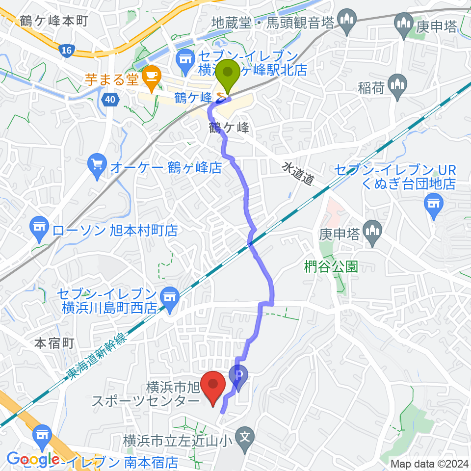 横浜市旭スポーツセンターの最寄駅鶴ヶ峰駅からの徒歩ルート（約21分）地図
