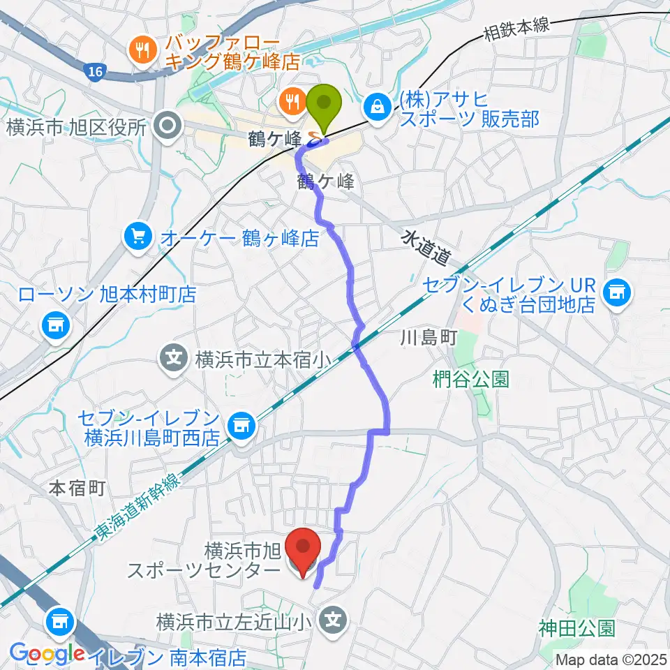 横浜市旭スポーツセンターの最寄駅鶴ヶ峰駅からの徒歩ルート（約21分）地図