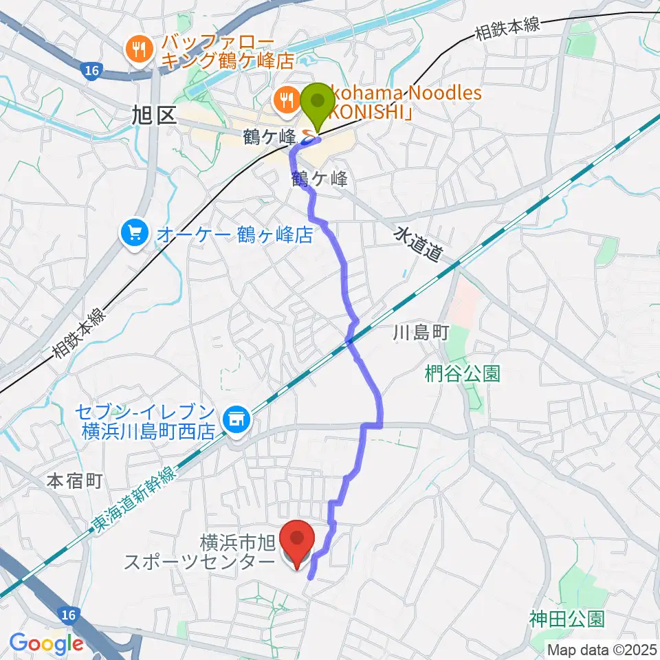 横浜市旭スポーツセンターの最寄駅鶴ヶ峰駅からの徒歩ルート（約21分）地図
