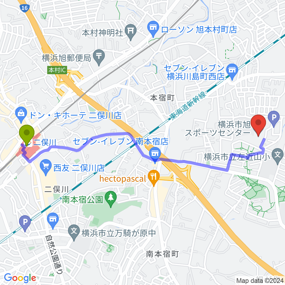二俣川駅から横浜市旭スポーツセンターへのルートマップ地図