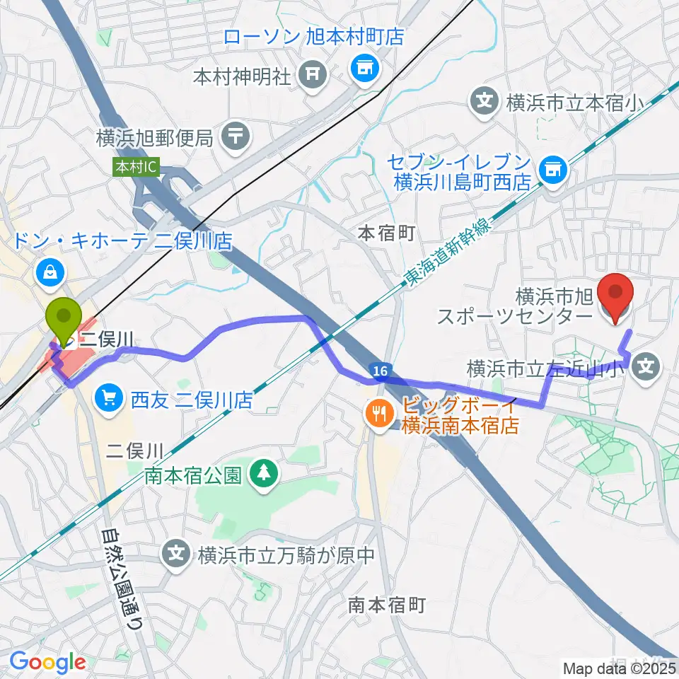 二俣川駅から横浜市旭スポーツセンターへのルートマップ地図