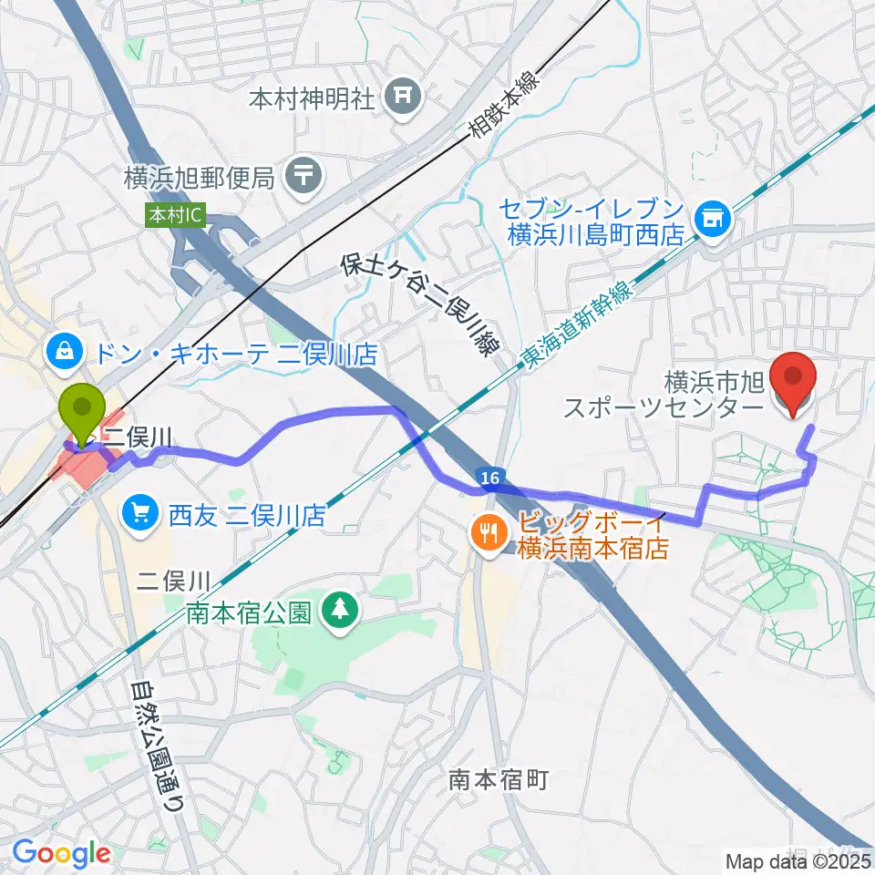 二俣川駅から横浜市旭スポーツセンターへのルートマップ地図