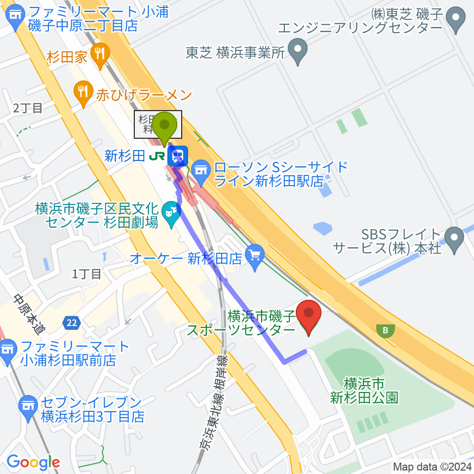 横浜市磯子スポーツセンターの最寄駅新杉田駅からの徒歩ルート（約8分）地図