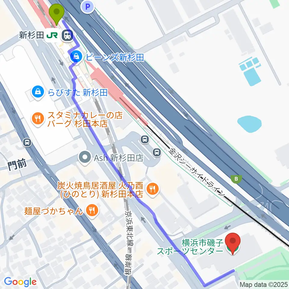 横浜市磯子スポーツセンターの最寄駅新杉田駅からの徒歩ルート（約8分）地図