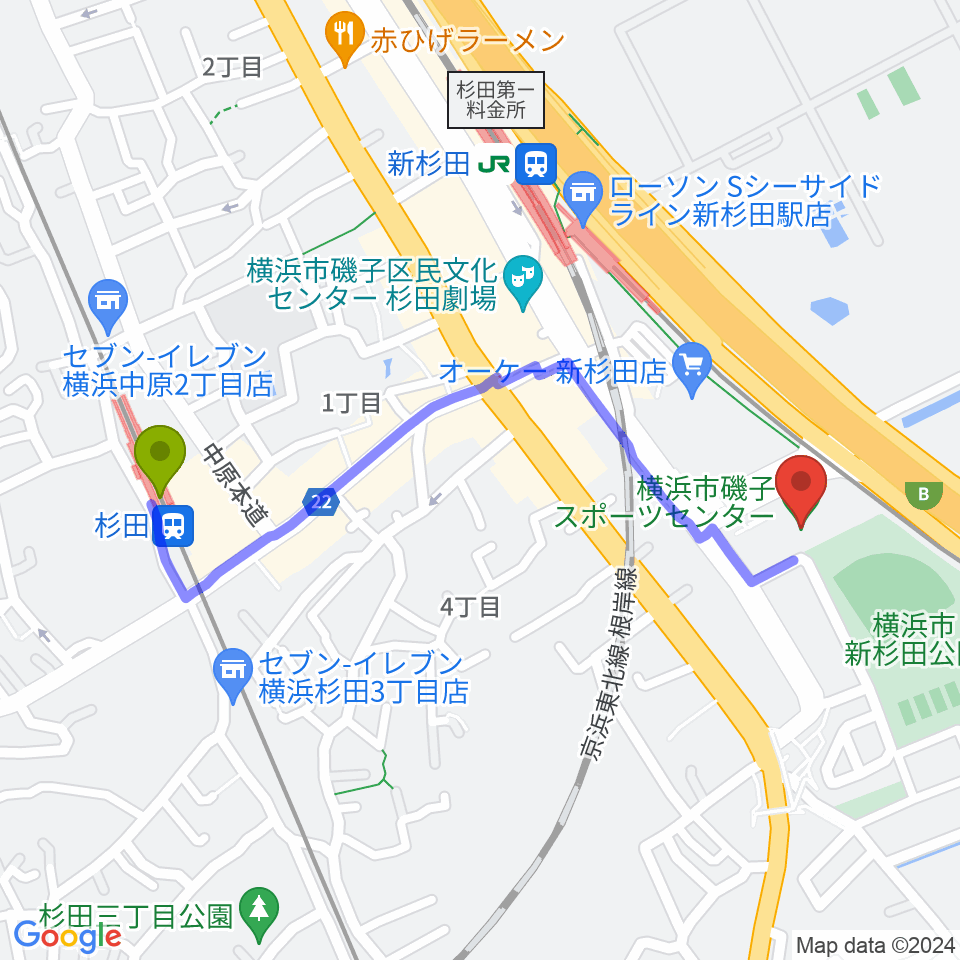 杉田駅から横浜市磯子スポーツセンターへのルートマップ地図