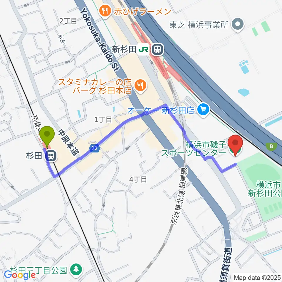 杉田駅から横浜市磯子スポーツセンターへのルートマップ地図