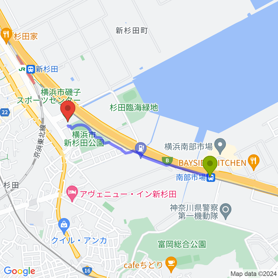 南部市場駅から横浜市磯子スポーツセンターへのルートマップ地図