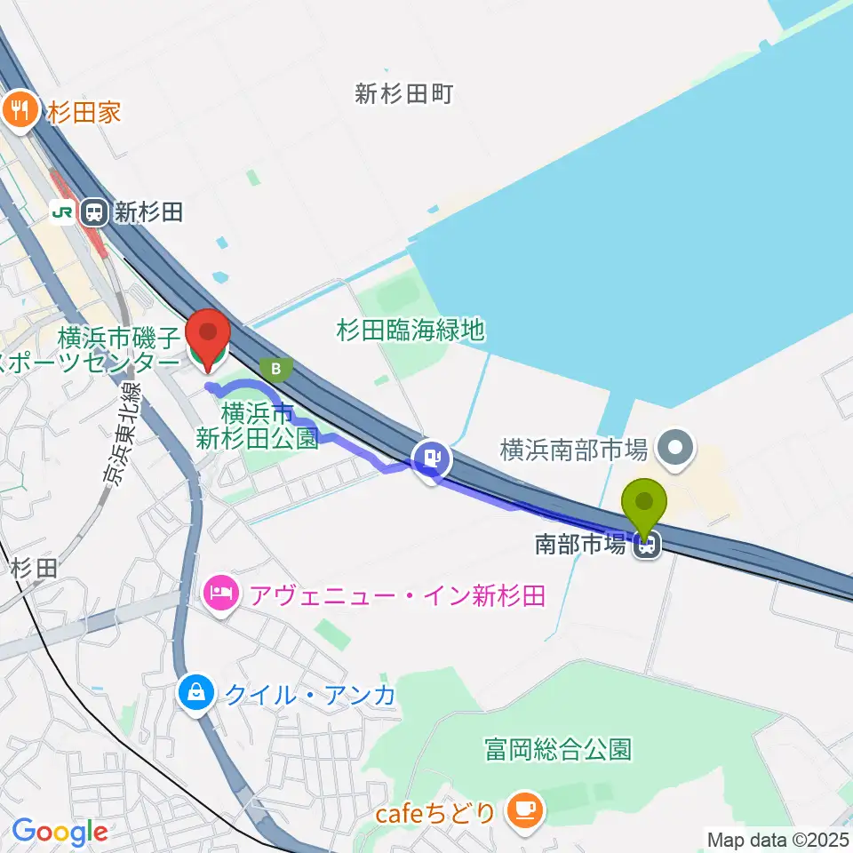 南部市場駅から横浜市磯子スポーツセンターへのルートマップ地図