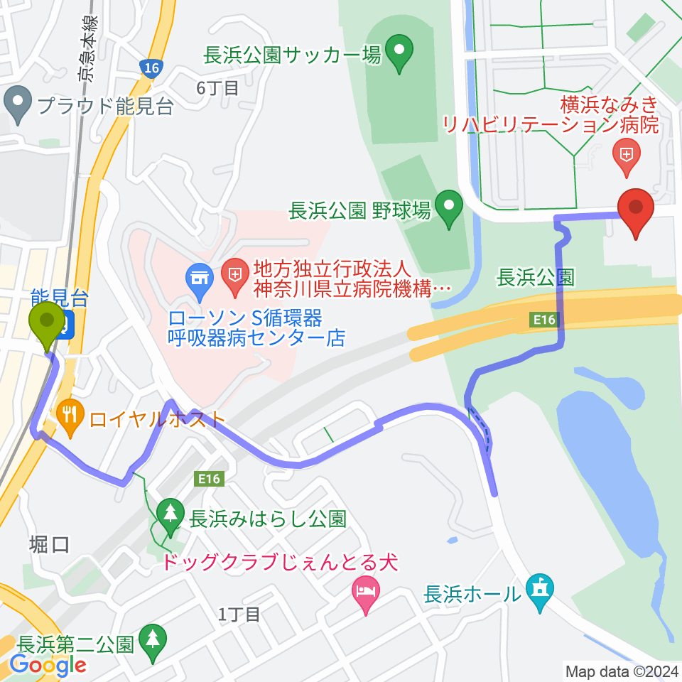能見台駅から横浜市金沢スポーツセンターへのルートマップ地図