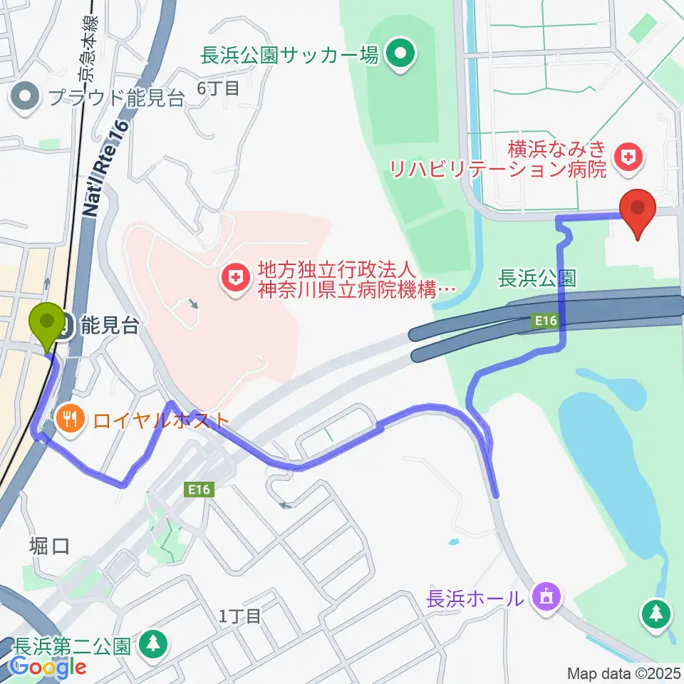 能見台駅から横浜市金沢スポーツセンターへのルートマップ地図