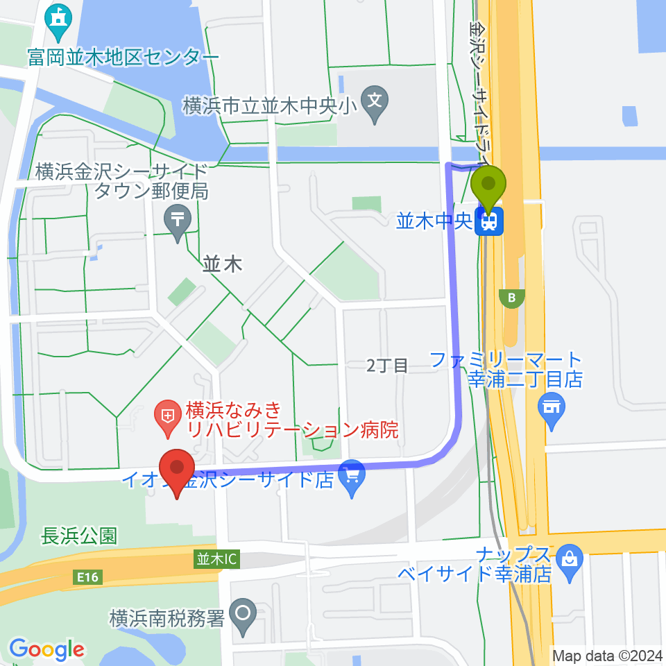 横浜市金沢スポーツセンターの最寄駅並木中央駅からの徒歩ルート（約10分）地図