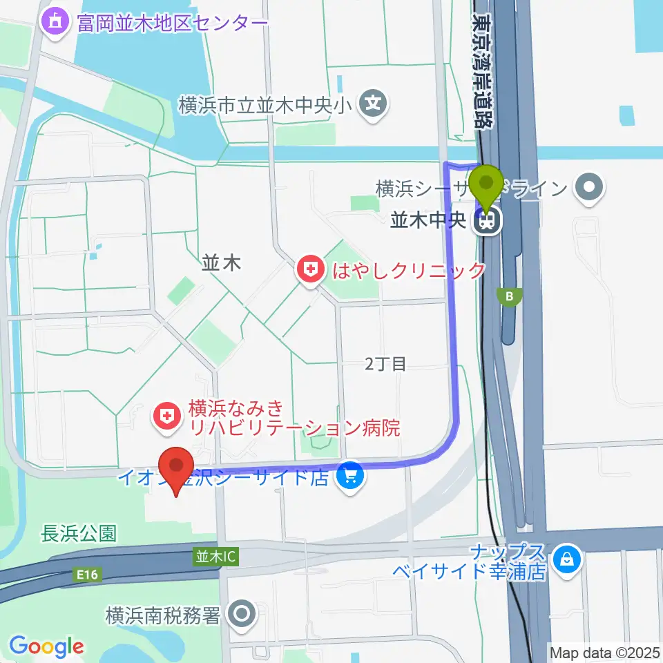横浜市金沢スポーツセンターの最寄駅並木中央駅からの徒歩ルート（約10分）地図