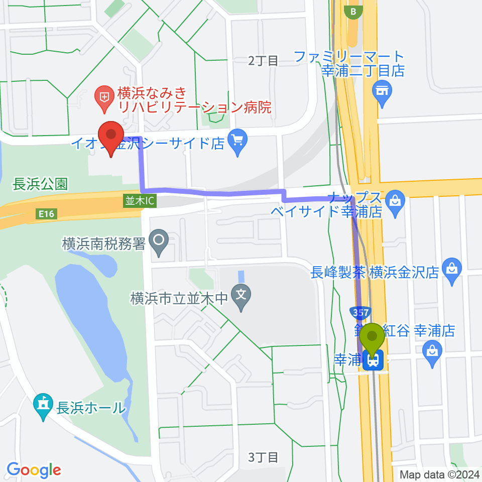 幸浦駅から横浜市金沢スポーツセンターへのルートマップ地図