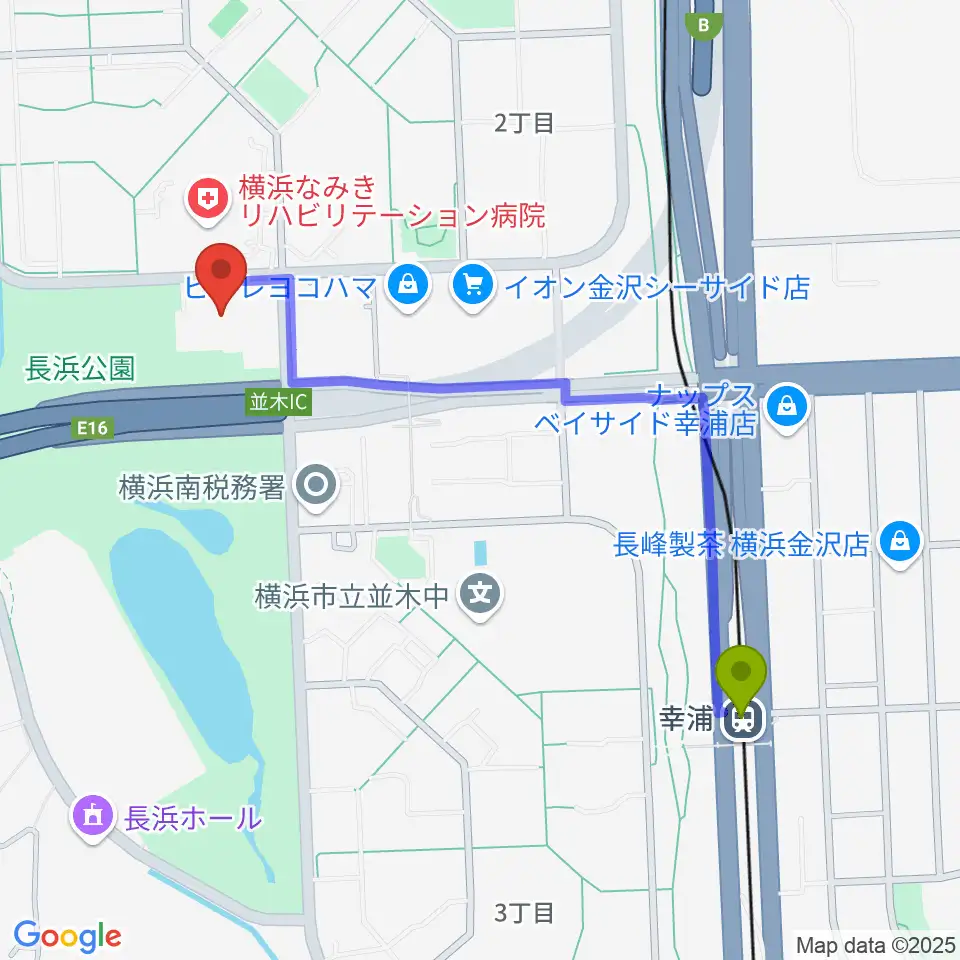 幸浦駅から横浜市金沢スポーツセンターへのルートマップ地図