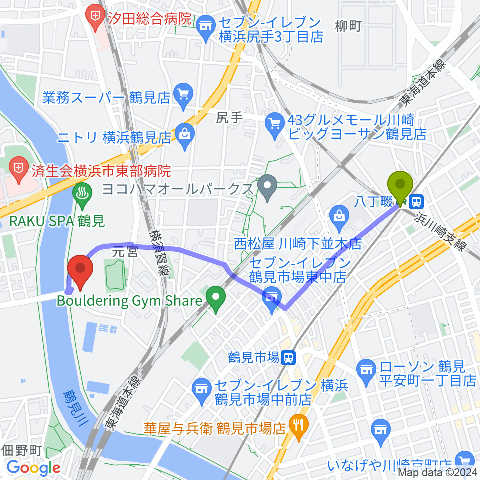 八丁畷駅から横浜市鶴見スポーツセンターへのルートマップ地図