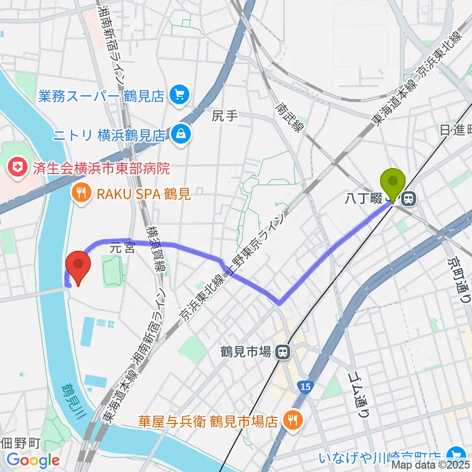 八丁畷駅から横浜市鶴見スポーツセンターへのルートマップ地図
