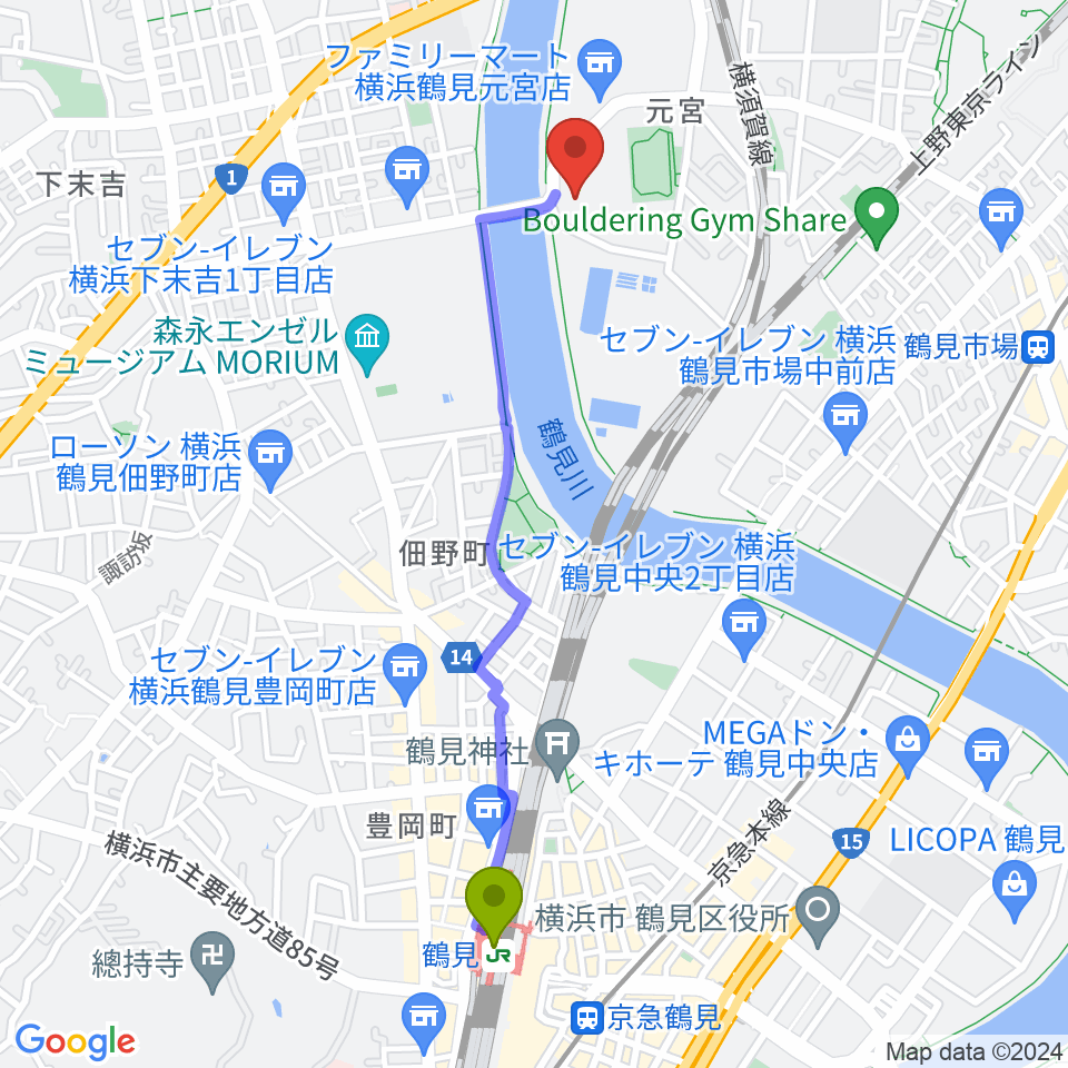 鶴見駅から横浜市鶴見スポーツセンターへのルートマップ地図