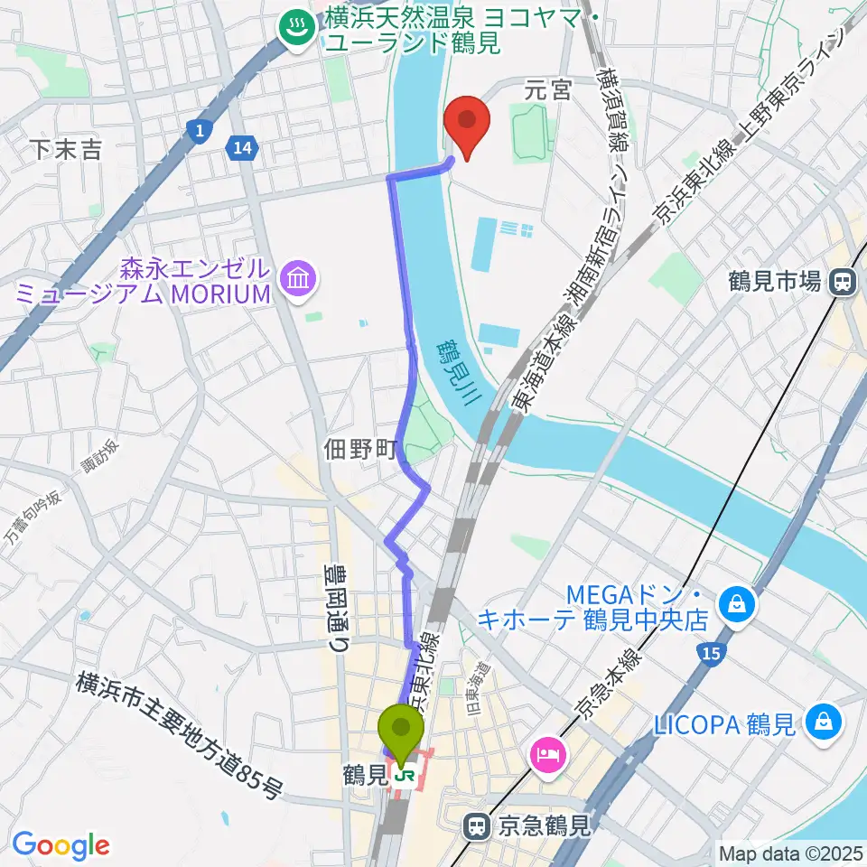 鶴見駅から横浜市鶴見スポーツセンターへのルートマップ地図