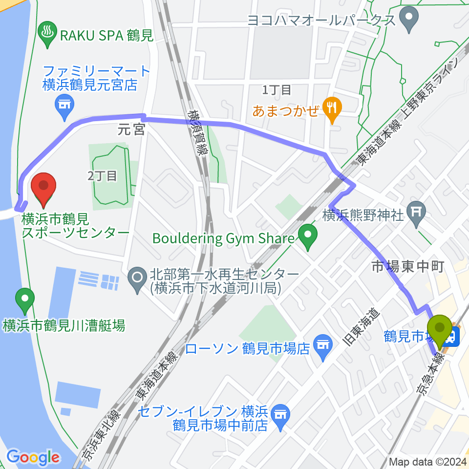 横浜市鶴見スポーツセンターの最寄駅鶴見市場駅からの徒歩ルート（約14分）地図