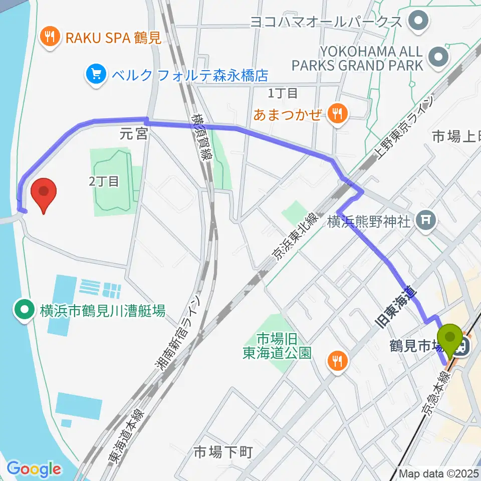 横浜市鶴見スポーツセンターの最寄駅鶴見市場駅からの徒歩ルート（約14分）地図