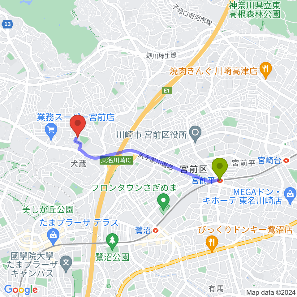 宮前平駅から川崎市宮前スポーツセンターへのルートマップ地図