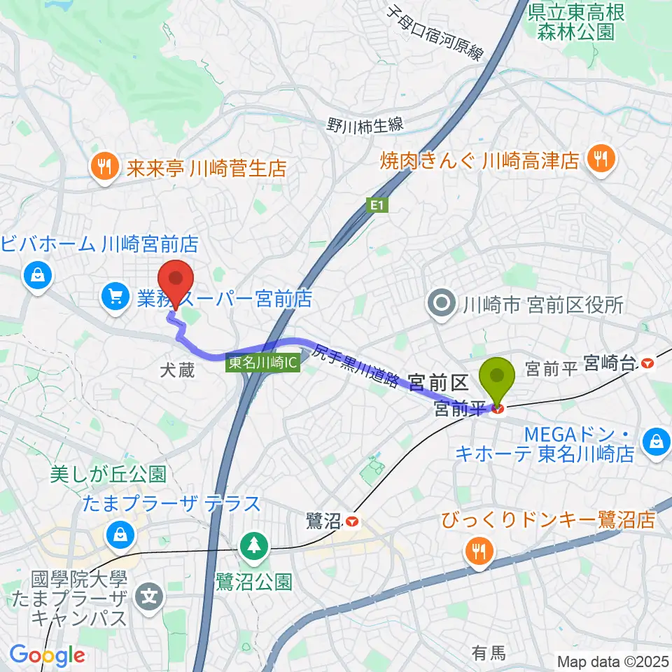 宮前平駅から川崎市宮前スポーツセンターへのルートマップ地図