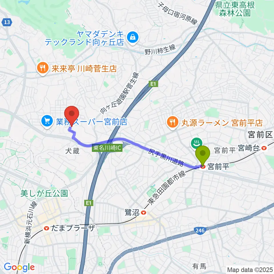 宮前平駅から川崎市宮前スポーツセンターへのルートマップ地図