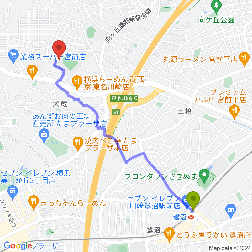 鷺沼駅から川崎市宮前スポーツセンターへのルートマップ地図
