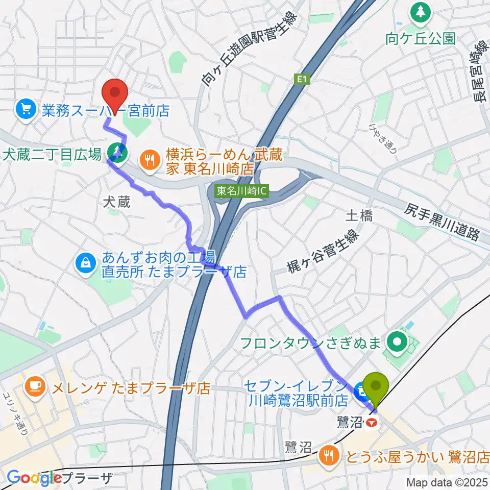 鷺沼駅から川崎市宮前スポーツセンターへのルートマップ地図