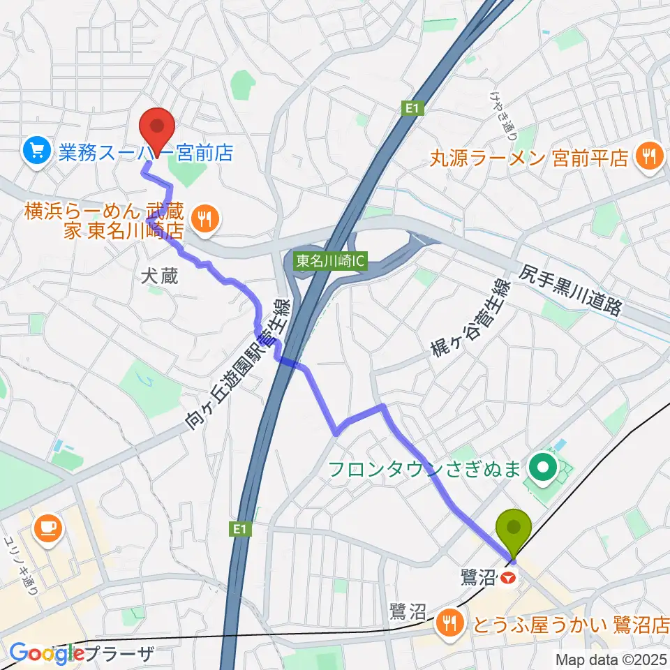 鷺沼駅から川崎市宮前スポーツセンターへのルートマップ地図
