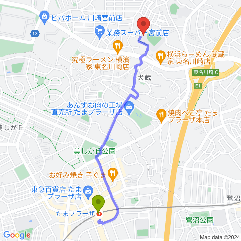 川崎市宮前スポーツセンターの最寄駅たまプラーザ駅からの徒歩ルート（約24分）地図