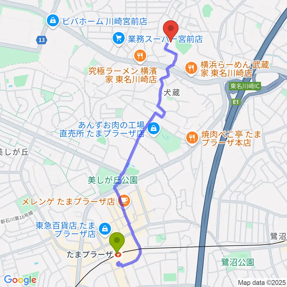 川崎市宮前スポーツセンターの最寄駅たまプラーザ駅からの徒歩ルート（約24分）地図