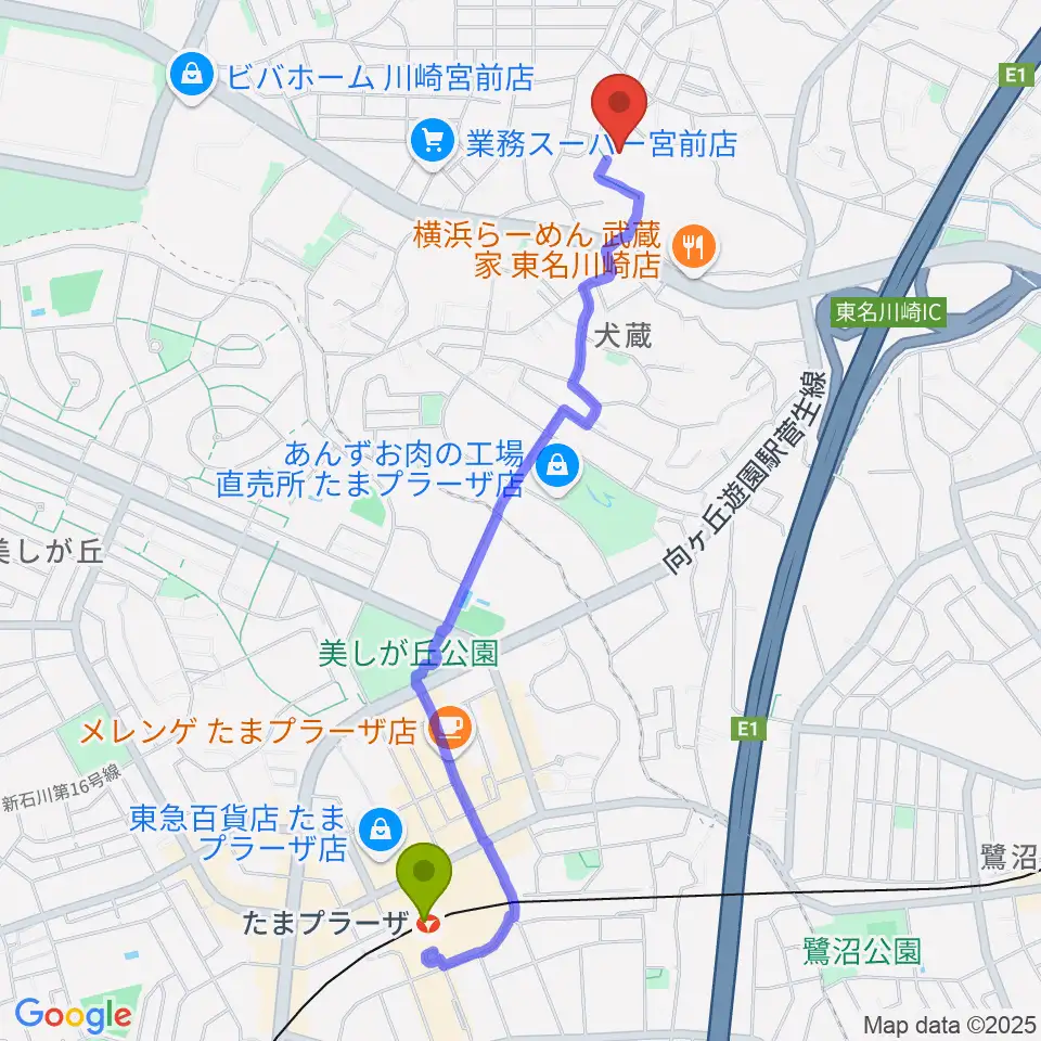 川崎市宮前スポーツセンターの最寄駅たまプラーザ駅からの徒歩ルート（約24分）地図
