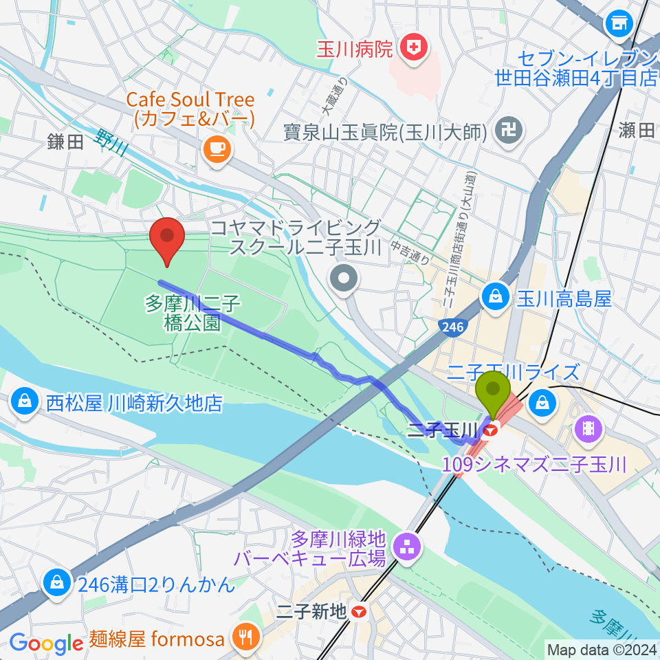 二子玉川緑地野球場の最寄駅二子玉川駅からの徒歩ルート（約17分）地図