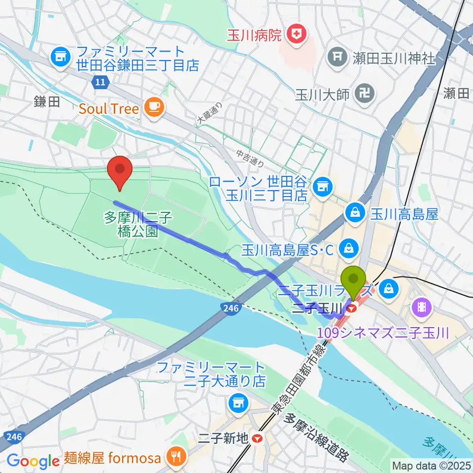 二子玉川緑地野球場の最寄駅二子玉川駅からの徒歩ルート（約17分）地図