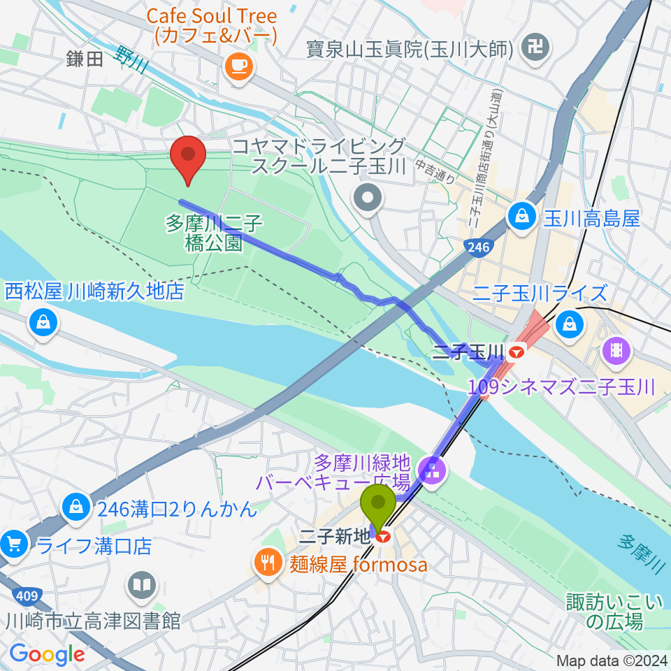 二子新地駅から二子玉川緑地野球場へのルートマップ地図