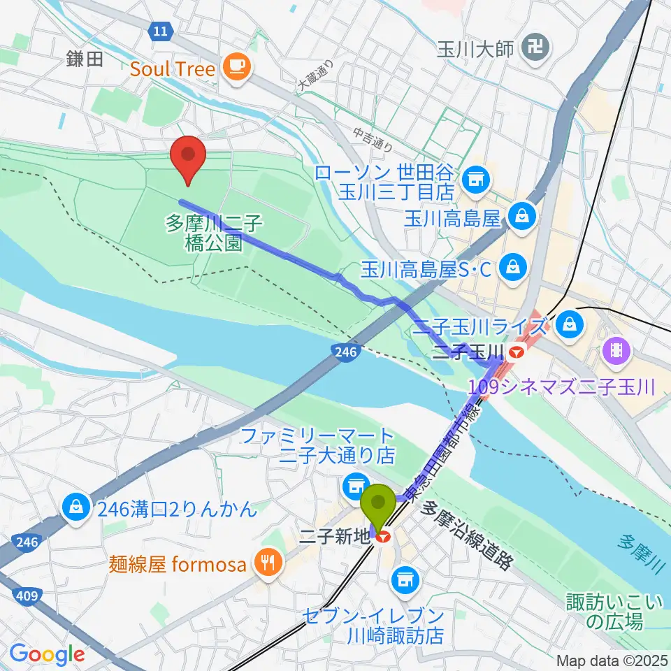 二子新地駅から二子玉川緑地野球場へのルートマップ地図