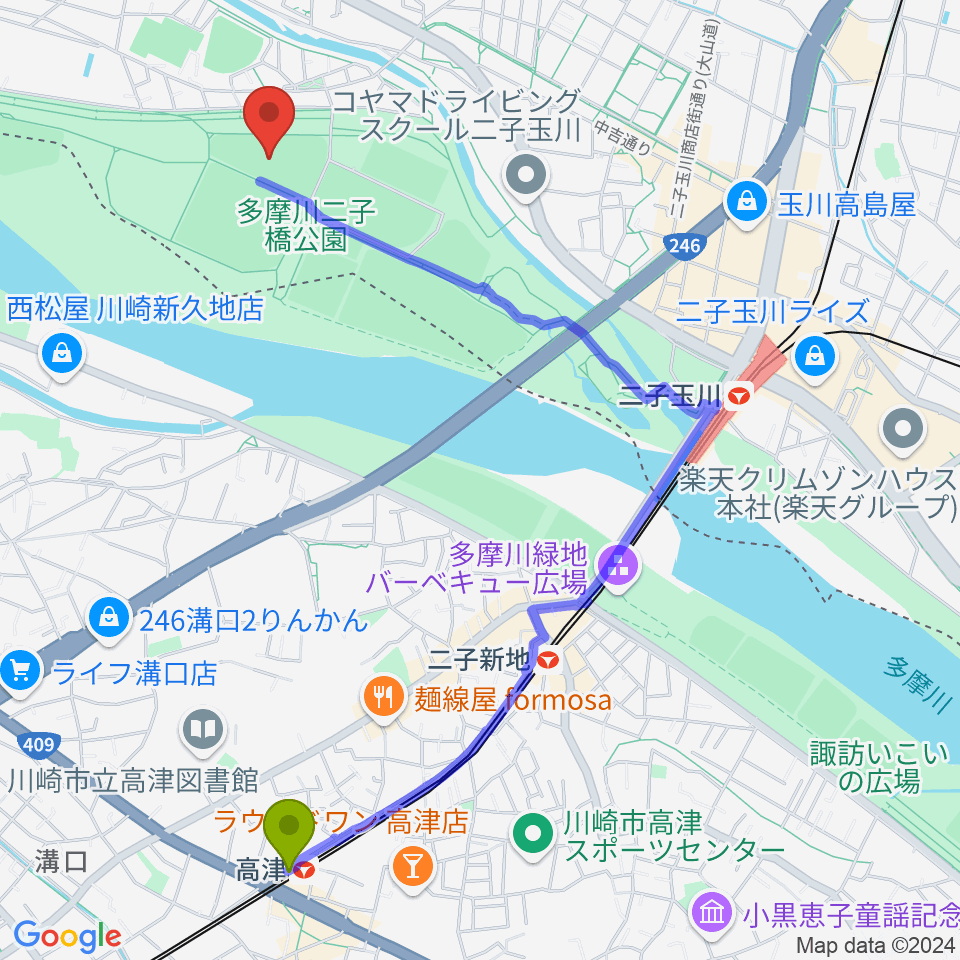 高津駅から二子玉川緑地野球場へのルートマップ地図