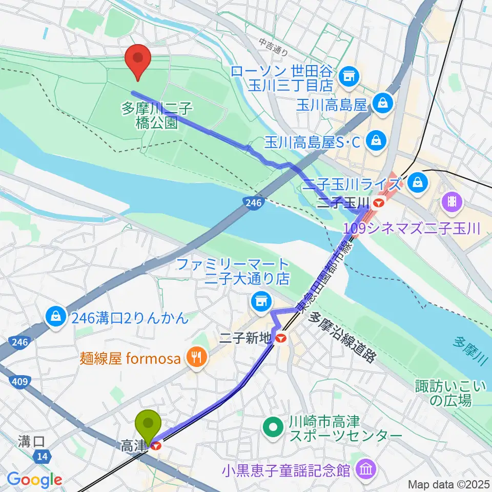 高津駅から二子玉川緑地野球場へのルートマップ地図