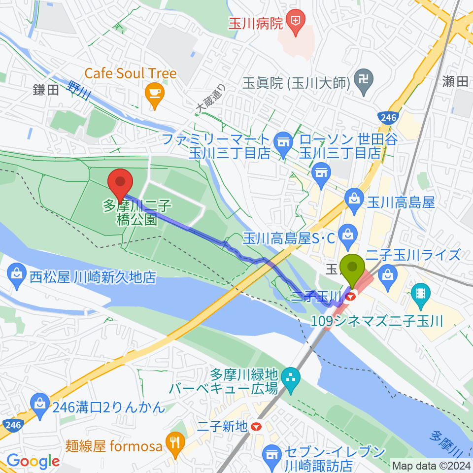二子玉川緑地球技場・サッカー場の最寄駅二子玉川駅からの徒歩ルート（約16分）地図