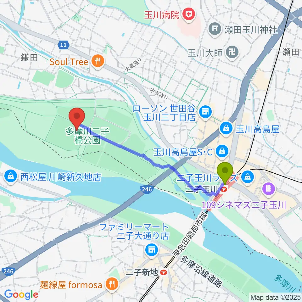 二子玉川緑地球技場・サッカー場の最寄駅二子玉川駅からの徒歩ルート（約16分）地図