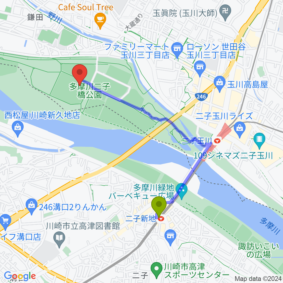 二子新地駅から二子玉川緑地球技場・サッカー場へのルートマップ地図