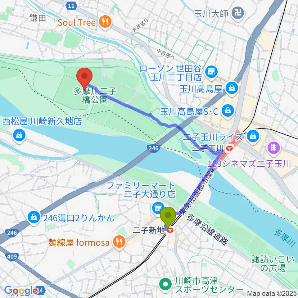二子新地駅から二子玉川緑地球技場・サッカー場へのルートマップ地図