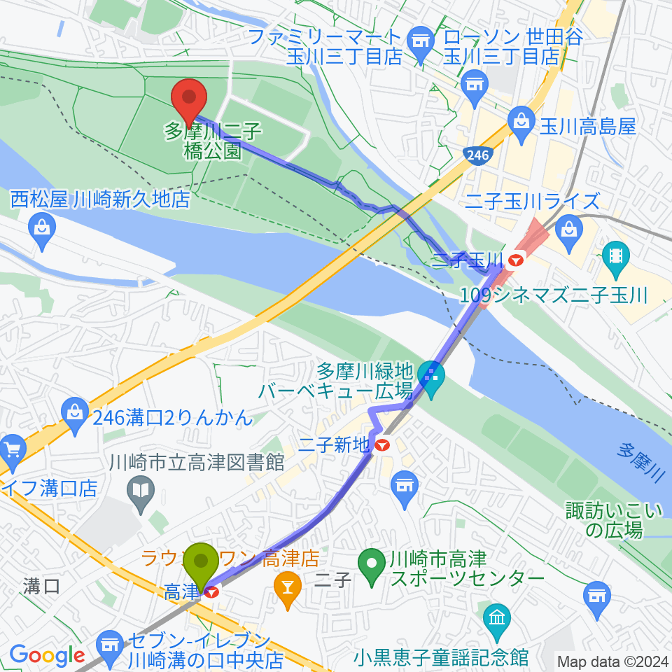 高津駅から二子玉川緑地球技場・サッカー場へのルートマップ地図