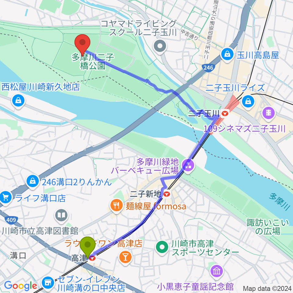 高津駅から二子玉川緑地球技場・サッカー場へのルートマップ地図