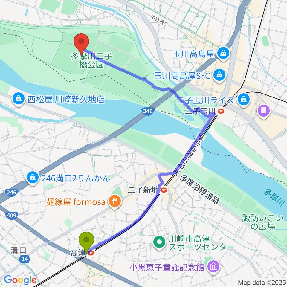 高津駅から二子玉川緑地球技場・サッカー場へのルートマップ地図